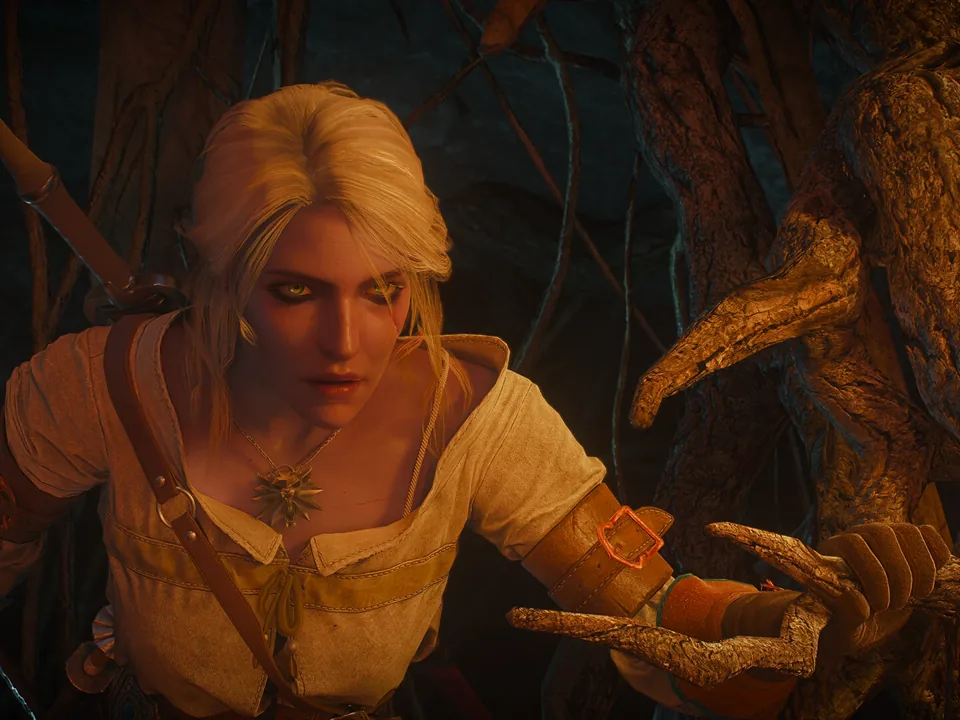 Ciri exploring an underground ruin in an official Remastered screenshot